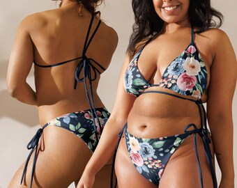 LIA - Damen Bikini Set zum Schnüren mit watercolor Blumen - blau grün rosa lachs - auch super als Geschenk - 11 Größen