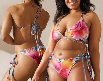 BEA - Damen Bikini Set zum Schnüren mit Blumen - blau, orange, rosa, lila, mint - als Geschenk für Dich oder die Freundin - 11 Größen