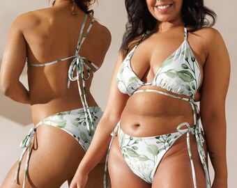 SIRI - Damen Bikini Set zum Schnüren mit Eukalyptus Blumen - grün salbei grau weiß - auch super als Geschenk - 11 Größen