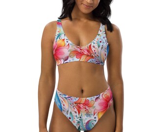 BEA - Zweiteiliges Damen High Waisted Bikini Set mit Blumen - blau, orange, rosa, lila - Geschenk für Dich oder Deine Freundin - 7 Größen