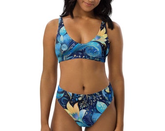 GRACE - Zweiteiliges Damen High Waisted Bikini Set mit Blumen - blau, gelb, orange, lila - umweltschonende Produktion - 7 Größen