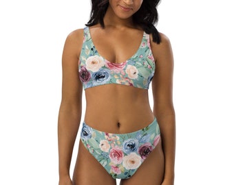 SAGE - Zweiteiliges Damen High Waisted Bikini Set mit watercolor Blumen - salbei, grün, rosa, blau - auch super als Geschenk - 7 Größen