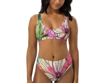 DEE - Zweiteiliges Damen High Waisted Bikini Set mit Blumen - blau orange rosa grün - umweltschonende Produktion - 7 Größen