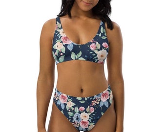 LIA - Zweiteiliges Damen High Waisted Bikini Set mit watercolor Blumen - blau grün rosa lachs - auch super als Geschenk - 7 Größen