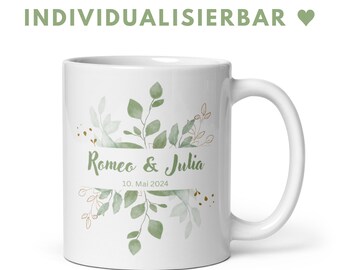 Personalisierbare Eukalyptus Tasse mit Motiv - Kaffeebecher 325 ml groß - Geschenk für Freundin oder Freund zu Vermählung Hochzeit und Taufe