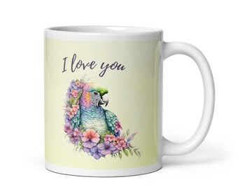 Papagei mit Blumen Tasse mit Motiv / Spruch - bunter Vogel Kaffeebecher 300 ml groß - Geschenk für Freundin zum Geburtstag oder einfach so