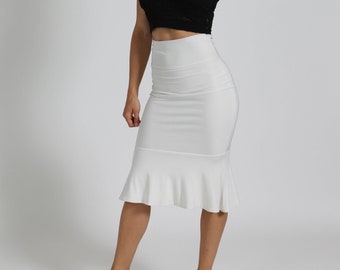 Womens Fishtail Skirt With Flare Hem, Elegant Short Mermaid Skirt, High Waisted Business Skirt, Tube Skirt With Ruffle, Knee Length Skirt,