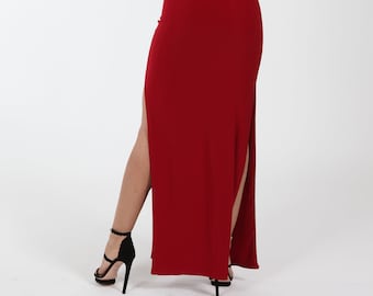Double Slit Maxi Skirt, Red High Waisted Dancing Skirt, Long Evening Skirt, Long Pencil Skirt, Business Skirt, Stretchy Jersey, Yoga Skirt