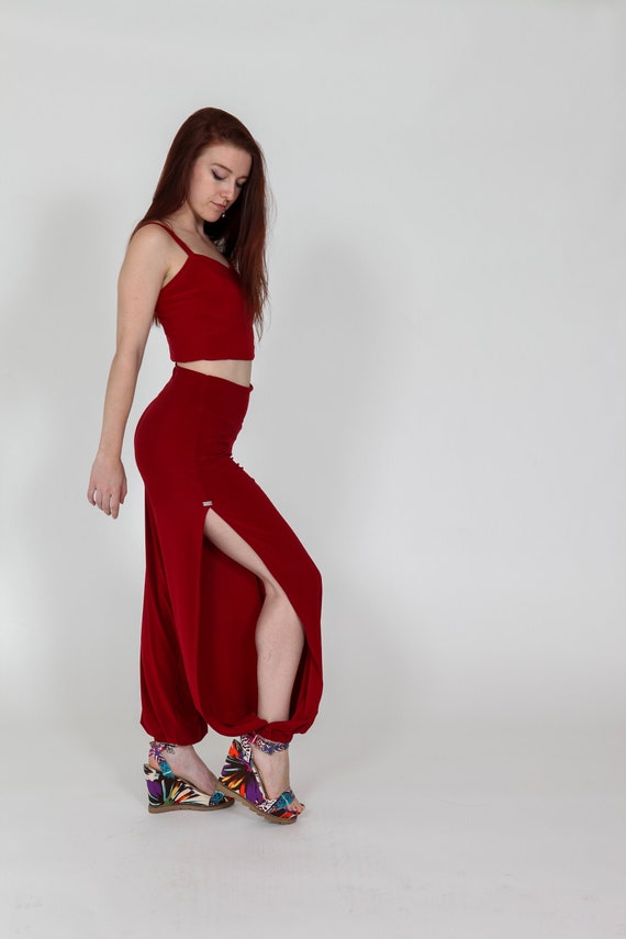 Pantalon de sarouel extensible rouge pantalon a fente laterale taille haute elegant pantalon Aladdin rouge pantalon de danse tango pantalon fendu pantalon Hippie Flow yoga Etsy France