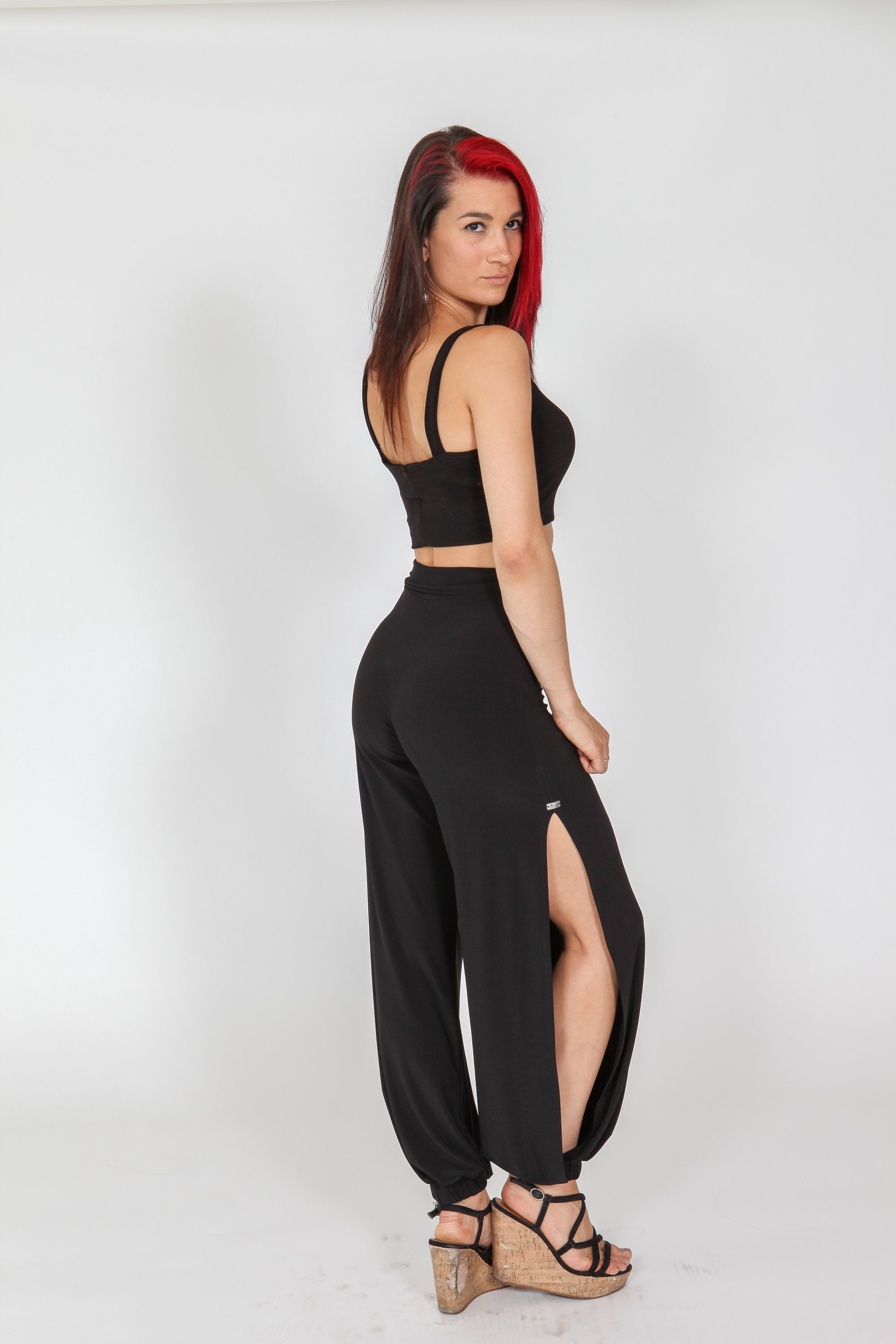 Black Stretchy Harem Pants High Waisted Side Slit Pants Elegant