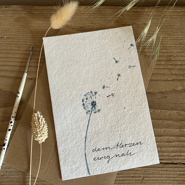 Pflanzbare Trauerkarte aus Saatgutpapier handgefertigt Aquarell Pusteblume Beileidskarte Abschiedskarte