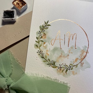 Hochzeitskarte Watercolor personalisiert Karte  Blumenkranz Aquarell Kraftpapier