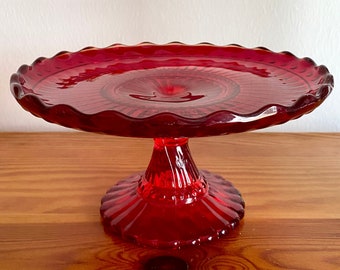 Iittala Finland Mariskooli Unique Assiette de Service sur Pieds Rouge Rubis Design Extrêmement Rare en Verre par Marimekko Nuutajärvi