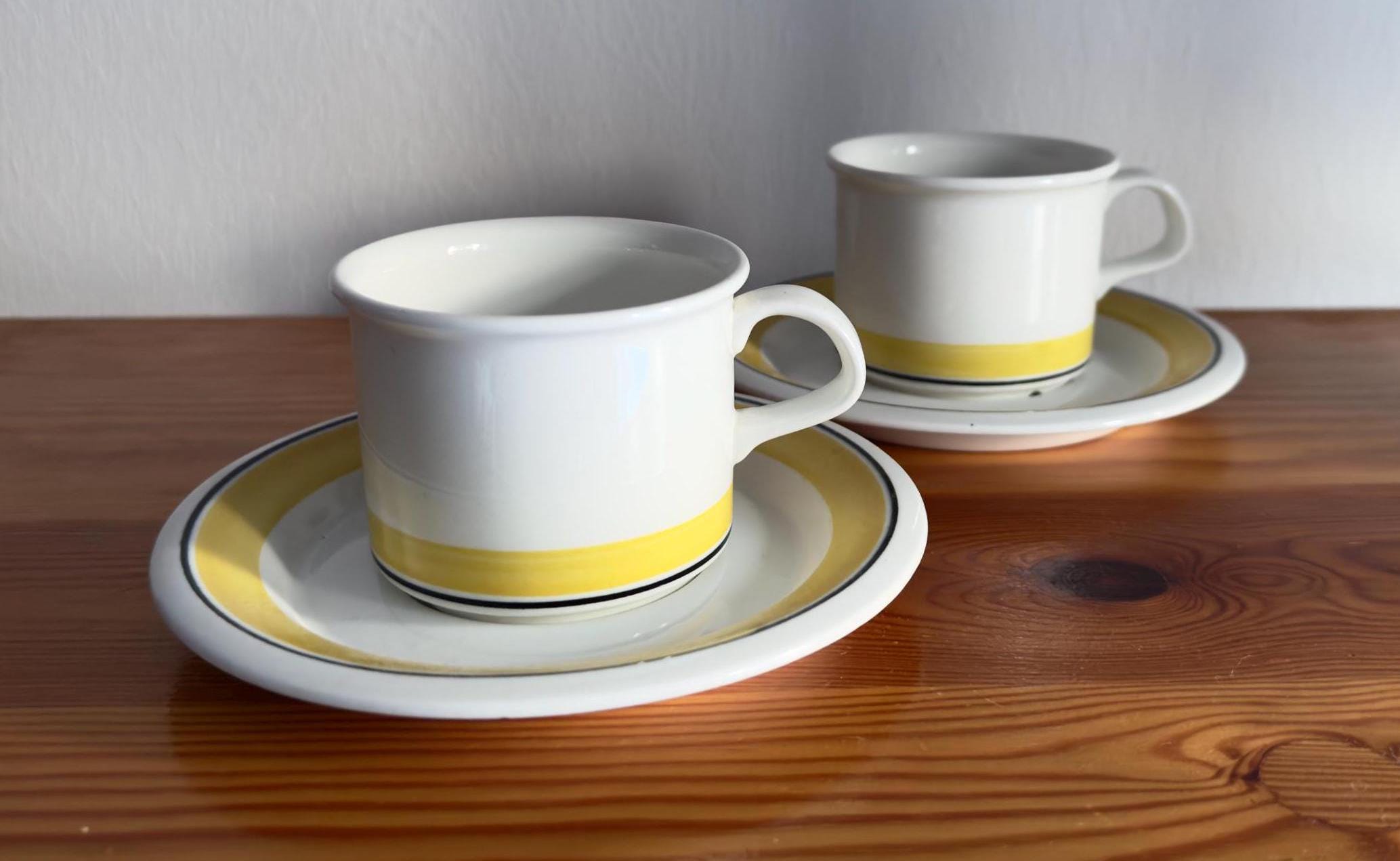 Arabia Finland Faenza Two Yellow Stripe Coffee Cups With Saucers 4 