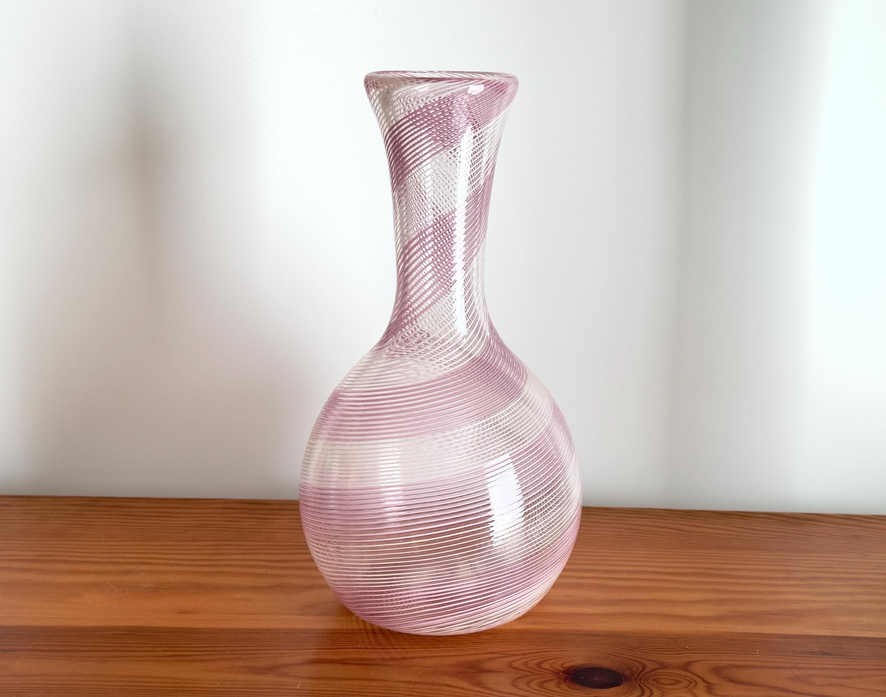 Murano Tall Filigree Glass Vase Pink and White Colored