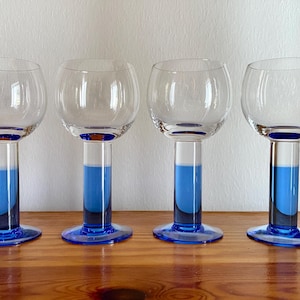 Iittala Finland Mondo Four Wine Glasses  Beautiful Clear and Blue Design Glass by Kerttu Nurminen