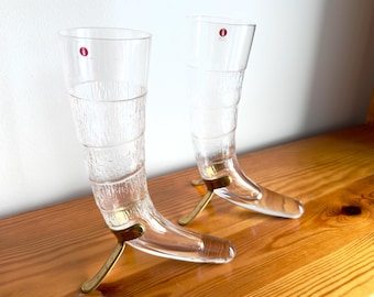 Iittala Finland Two Harald Beer Horn Pints Clear Pilsner Glasses Vintage Unique Design By Valto Kokko