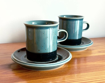 Arabia Finland Meri Two Tall Coffee Espresso Cups With Saucers 4 Piece Set Hand Painted Vintage Design Stoneware Ceramic By Ulla Procopé