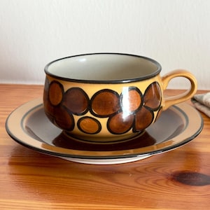Arabia Finland Atelje Kalevala Tea Cup With Saucer Rare Hand Painted Vintage Design Stoneware Ceramic by Raija Uosikkinen