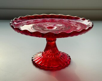 Iittala Finland Mariskooli Unique Ruby Red Footed Serving Plate Extremely Rare Design Glass by Marimeko and Nuutajärvi