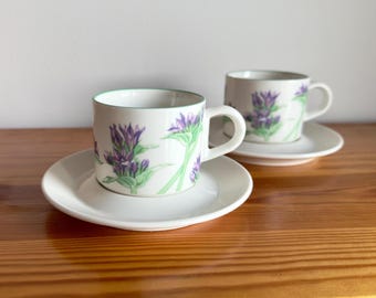 Arabia Finland Moreeni Viola Two Coffee Cups With Saucers Set Of 4 Pcs Vintage Design Ceramic By Heikki Orvola