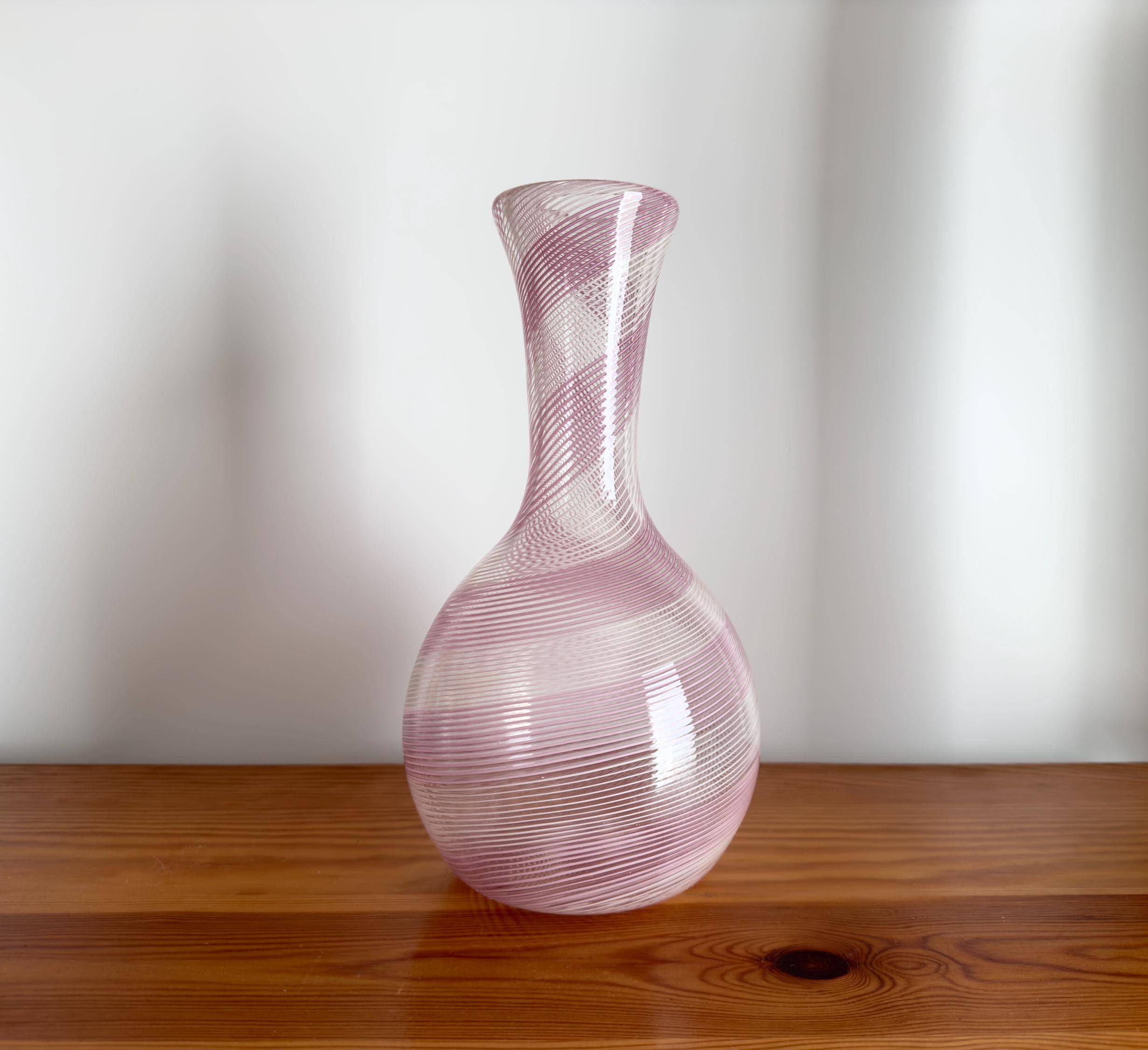 Murano Tall Filigree Glass Vase Pink and White Colored
