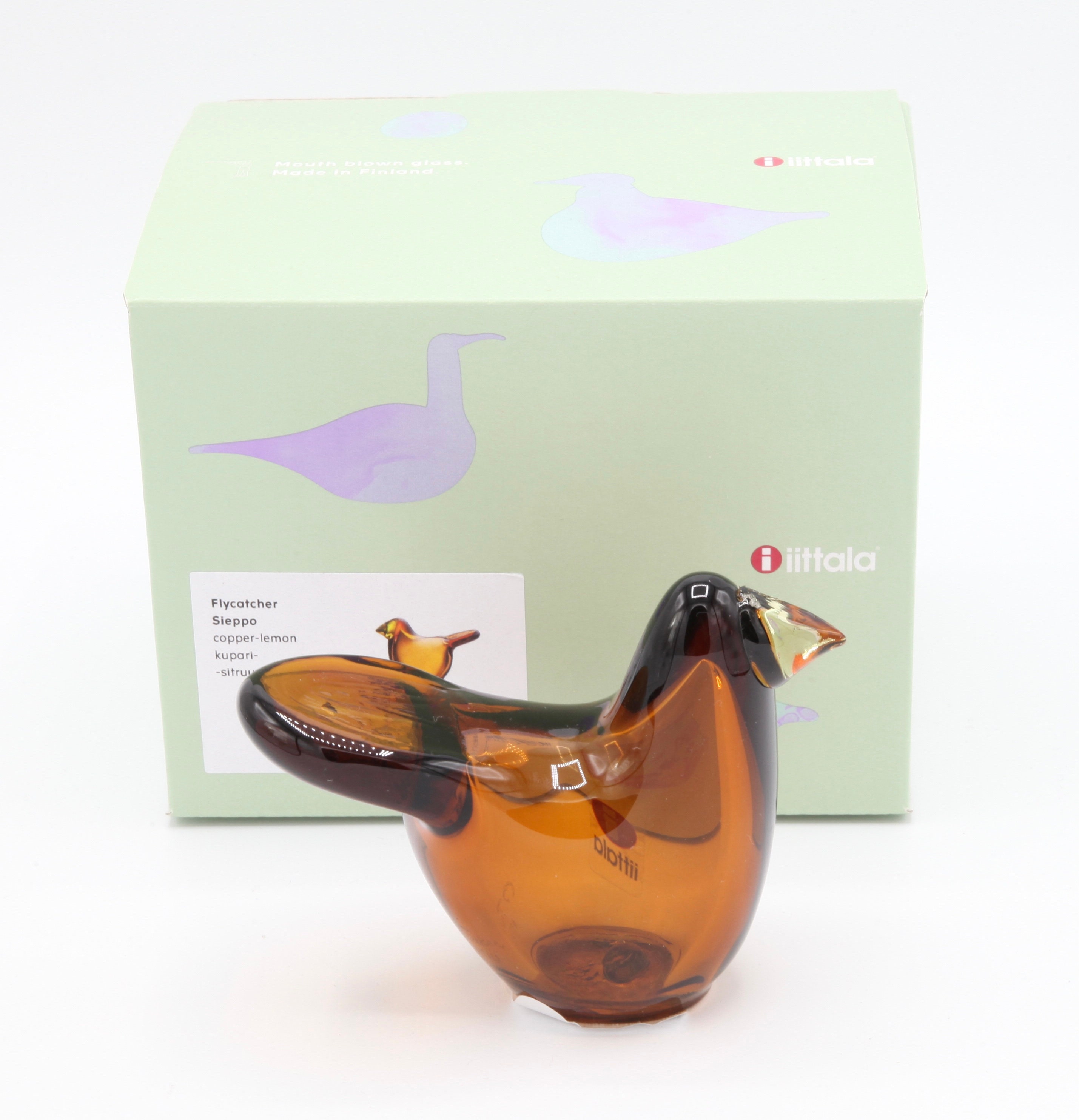 Oiva Toikka Flycatcher (sieppo) Art Glass Bird Copper With Lemon