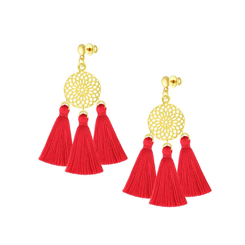 LONG EARRINGS Tassel Red Silver 925 Plated 24k Gold Etsy