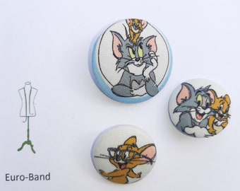 Lot de 3 boutons, recouverts de tissu coton, Tom et Jerry