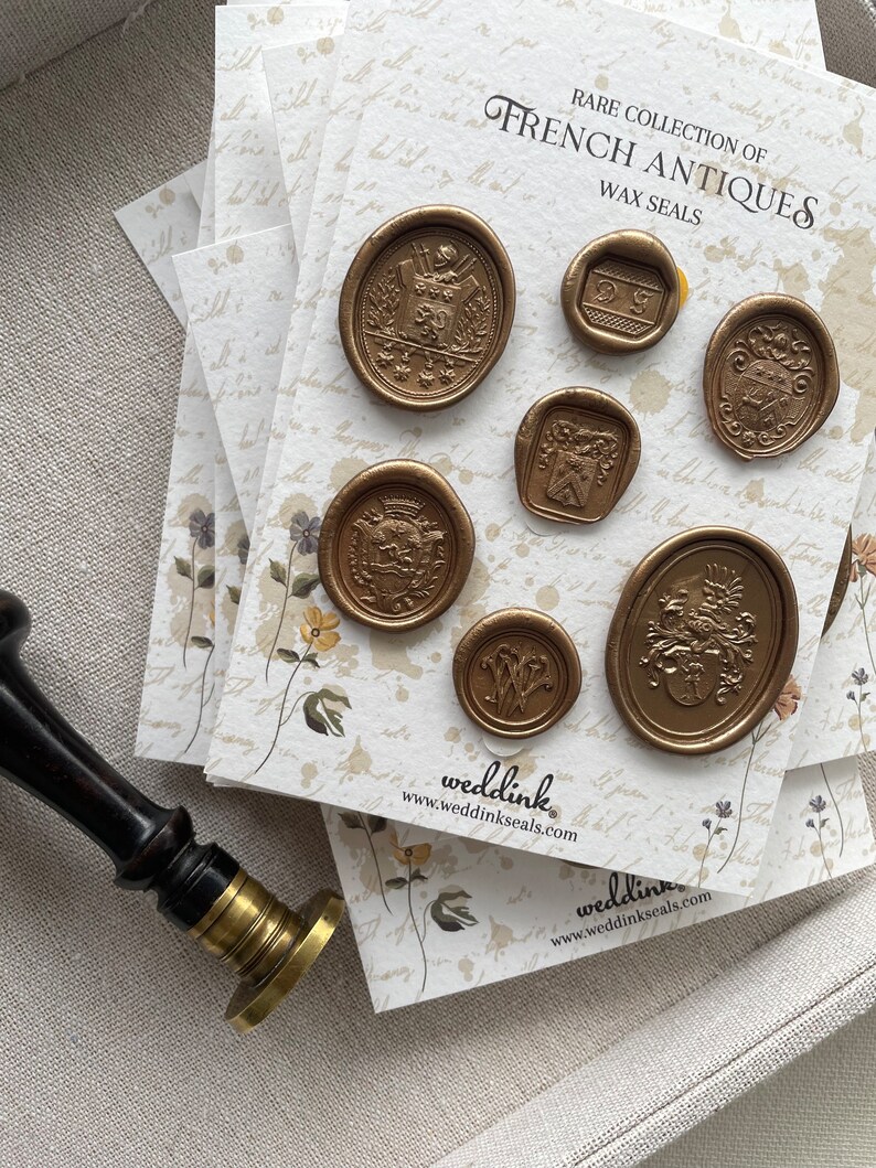 Self adhesive wax seals collection made with ancient french wax stamps / pack of 7 wax seals/ vintage stickers 画像 3