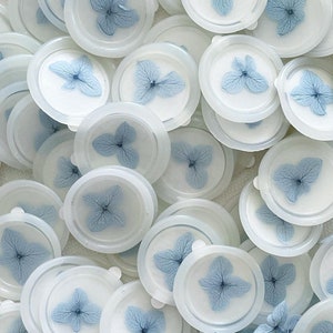 Sellos de cera de hortensia de vitela en azul bebé/azul claro