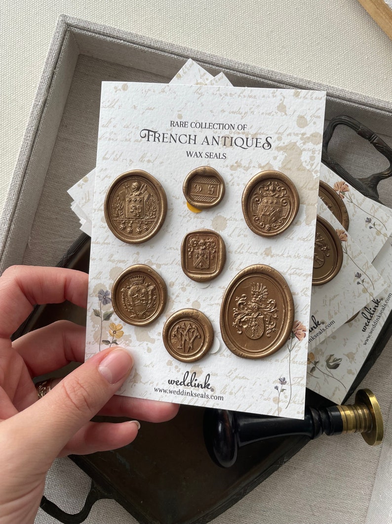 Self adhesive wax seals collection made with ancient french wax stamps / pack of 7 wax seals/ vintage stickers 画像 4