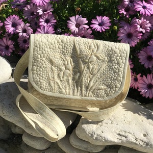Beige Embellished Cross Body Quilted Bag with irises flowers Small Quilted beige Botanical Crossbody bag handbag dense walls gift for mom
