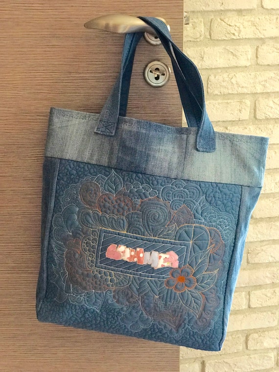 Jeans tote bag with lot of pockets upcycled jeans bag Eco | Etsy