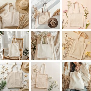 May include: Nine different tote bags made of natural canvas fabric. The bags are all empty and are shown in various settings, including a white background, a wooden table, and a green plant.