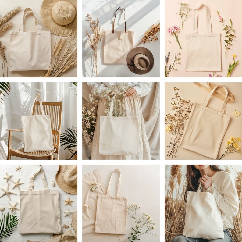 May include: Nine different tote bags made of natural canvas fabric. The bags are all empty and are shown in various settings, including a white background, a wooden table, and a green plant.