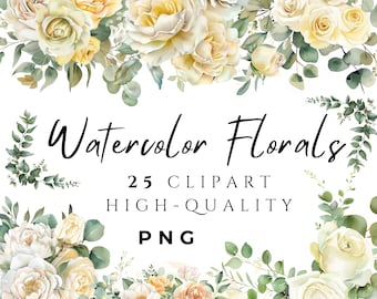 Watercolor Flower Clipart | 25 White Bouquet Clip Art | Roses Clipart | Floral PNG Art | Wedding Invitation Frame | Botanical Clipart
