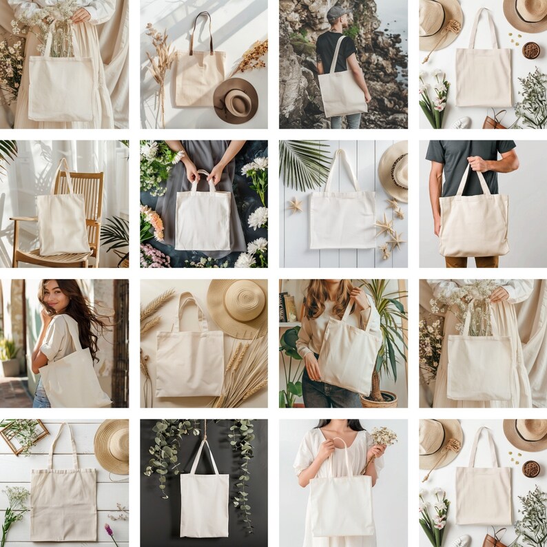 May include: A collage of 12 images showcasing various ways to style and use blank canvas tote bags. The bags are shown in different settings, with different people and props, demonstrating their versatility.