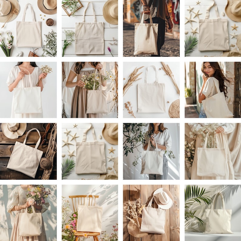 May include: A collection of 12 images showcasing various ways to style and use a plain white tote bag. The images feature different backgrounds, props, and people holding the bags.