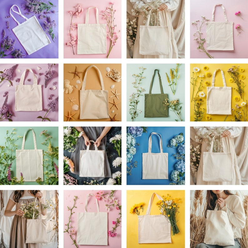 May include: A collage of 12 images featuring various tote bags in different colors and styles, each placed on a background of colorful flowers and greenery.
