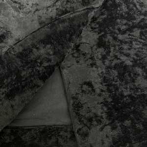 May include: Close-up of a black velvet fabric with a ribbed texture. The fabric is folded, revealing the underside and a contrasting smooth lining. The image highlights the luxurious texture and depth of the material.