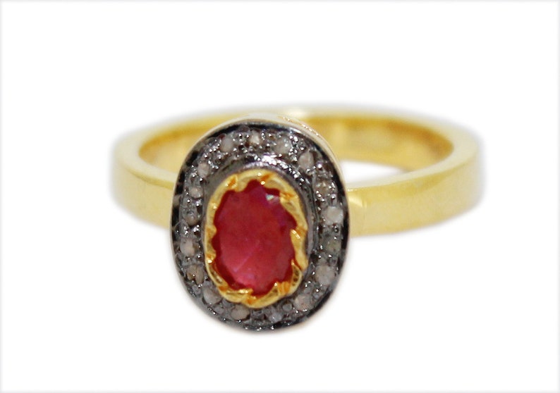 925 Sterling Silver Antique Rose Cut Polki Ring Diamond Ring Vintage Ring Anniversary Ring Victorian Style Ruby Ring KR/_275