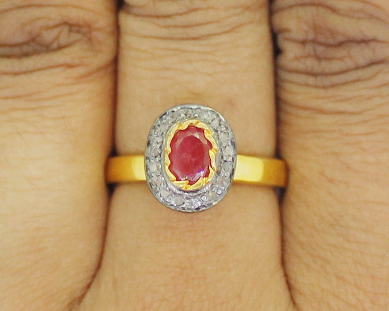 925 Sterling Silver Antique Rose Cut Polki Ring Diamond Ring Vintage Ring Anniversary Ring Victorian Style Ruby Ring KR/_275