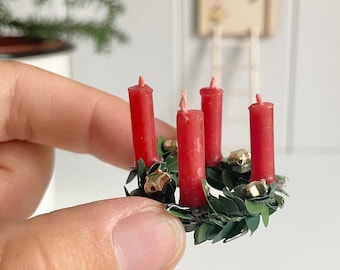 Gnome Advent wreath made of boxwood with red candles and gold stars, gnome door accessories, gnome Christmas, gnome world, gnome house decoration