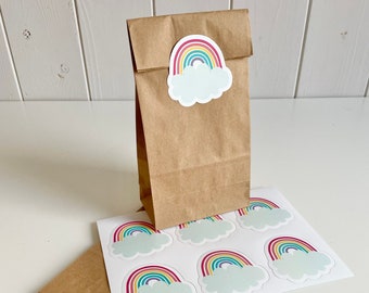 Regenbogen Kindergeburtstag Geschenktüten, Braun Kraftpapier Tüten mit Regenbogen Aufkleber zum verpacken von Süßigkeiten, Party Mitgebsel