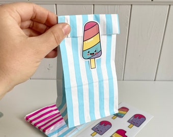 Gift bags with ice cream stickers for children's birthdays, party bags made of old school paper with stripes, summer birthday party favors