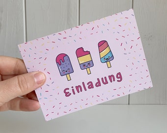 Kindergeburtstag Einladungen, Sommer Geburtstag, Einladungskarten mit Eis am Stiehl und Konfetti in Pastellfarben, beschreibbar auf Deutsch