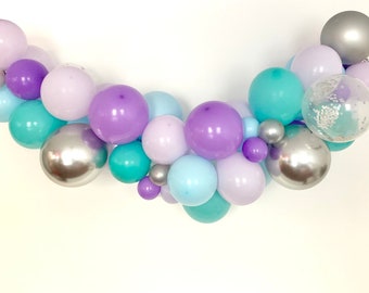 Mermaid balloon garland, purple, silver, turquoise colors balloons for a DIY garland, great ice cream princess party decoration