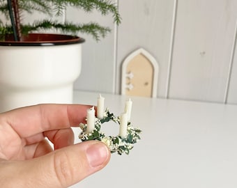Advent wreath made of boxwood with berries and WHITE candles, elves door accessories, Christmas decoration miniatures children Christmas, elves magic