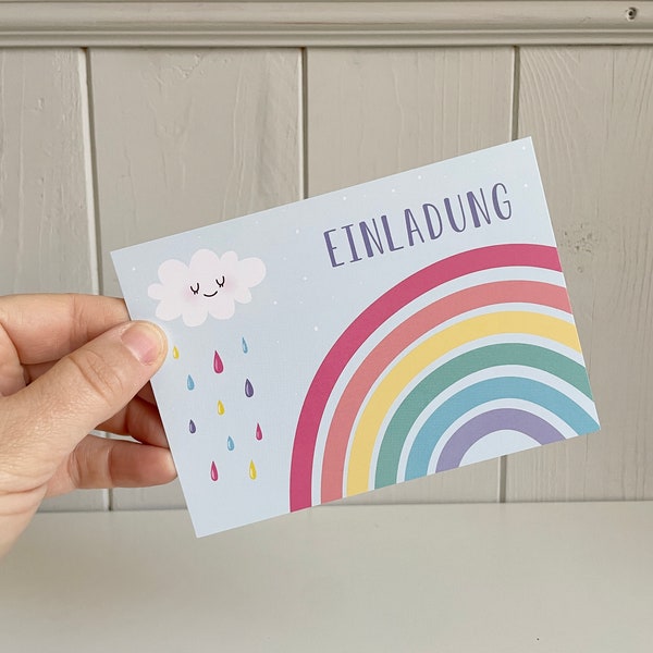 Kindergeburtstag Einladungskarten, Regenbogen Geburtstag Einladungen, Bunte Kinder Party Einladungen mit Wolke und Tropfen